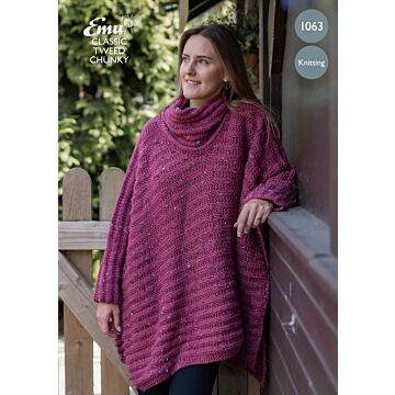 Emu Classic Tweed Chunky Ladies Draped Neck Poncho 1063 Knitting Pattern  To Fit Bust 3034 - 4246"